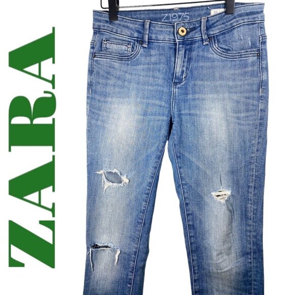 ZARA Basic Z1975 Distressed Busted Knee Mid-Rise Skinny Jeans Fringe Hem Size 4 - Picture 3 of 9